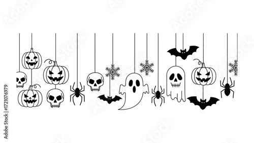 Spooky Halloween Garland: A string of whimsical Halloween icons, including jack-o'-lanterns, skulls, and bats, hangs festively, hinting at the joyful chill of All Hallows' Eve.
