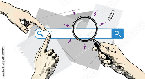 Multiple hands interacting with a search bar and magnifying glass, symbolizing collaborative online search and information discovery.