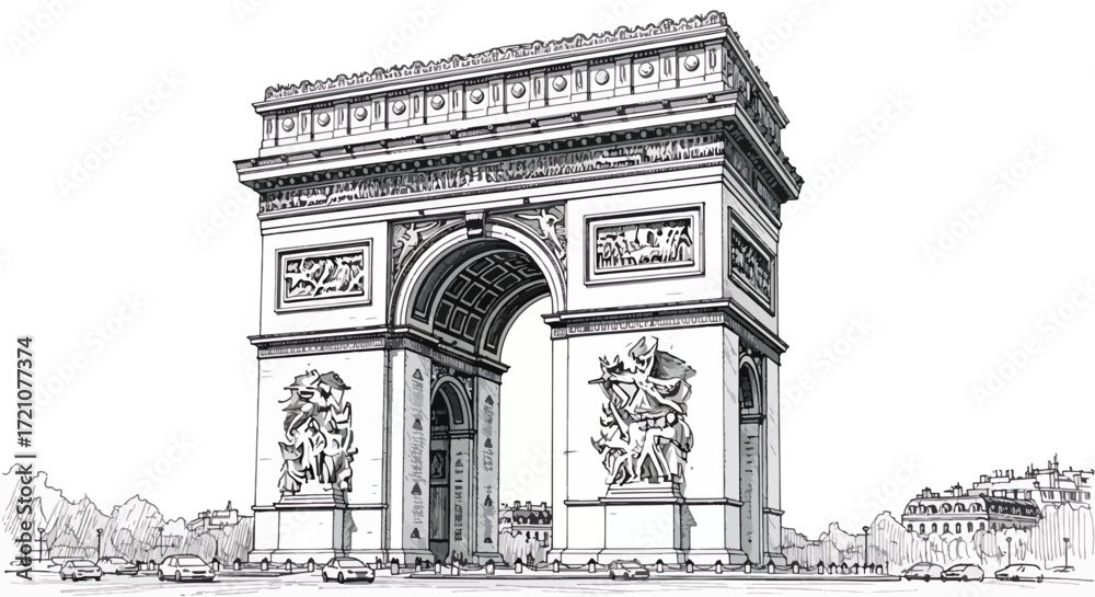 Fototapeta premium Detailed black and white sketch of the historic Arc de Triomphe monument in Paris, France, showcasing its intricate architectural details.