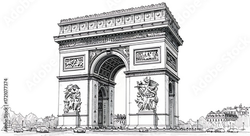 Detailed black and white sketch of the historic Arc de Triomphe monument in Paris, France, showcasing its intricate architectural details.