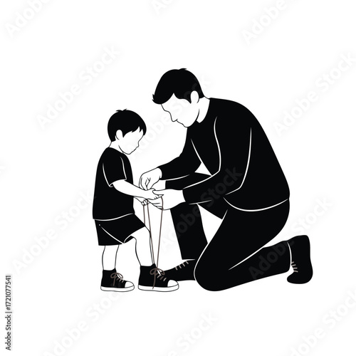 Vector art of father tying sons shoelaces