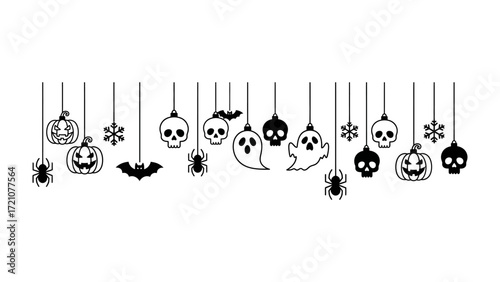 Festive Halloween Garland: A minimalist illustration of a playful Halloween garland, featuring iconic symbols like pumpkins, skulls, ghosts, spiders, and bats.