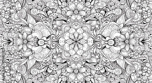 Symmetrical black and white mandala doodle pattern with intricate floral and geometric shapes, perfect for coloring pages and backgrounds.