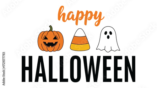 Happy Halloween: A playful illustration of a jack-o'-lantern, candy corn, and a friendly ghost celebrate the Halloween season in this delightful illustration.