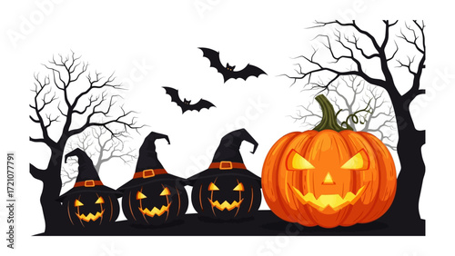 Schilderij op canvas Spooky Halloween Gathering: A vibrant Halloween scene unfolds with carved pumpkins donning witch hats, spooky tree and bats, evoking an atmosphere of eerie delight