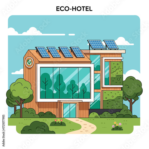 Sustainable eco hotel powered by solar energy, featuring green walls and lush landscaping for responsible tourism and modern architecture.