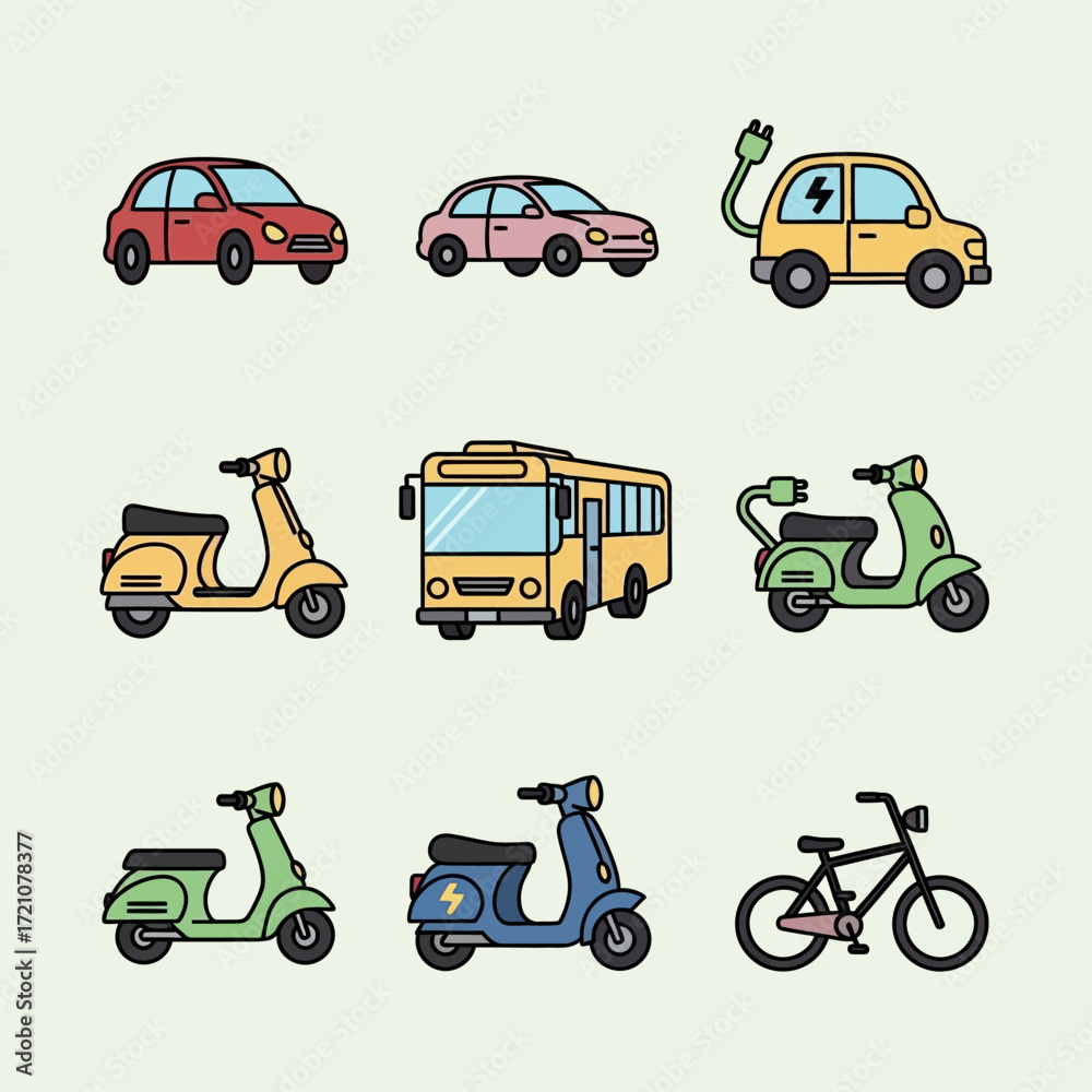 Naklejka premium Vibrant collection of modern vehicles including electric cars, scooters, bus, and bicycle for eco-friendly transport concepts