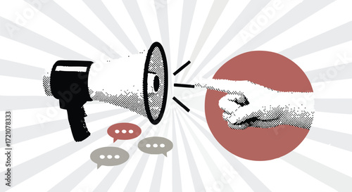 Dynamic megaphone broadcast message with pointing finger and speech bubbles conveying impactful communication and engagement strategies