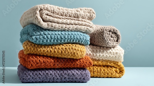 Stack of colorful waffle weave towels cotton bath towels hand towels face towels spa towels home decor textile