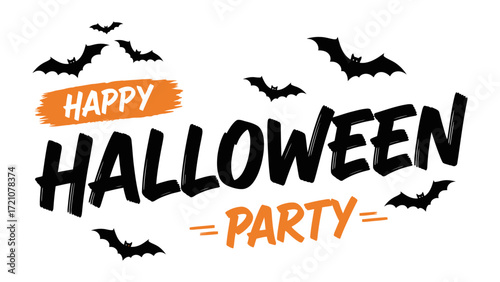 Spooky Celebration: Festive typography declares Happy Halloween Party, adorned with playful bats to celebrate this holiday. 