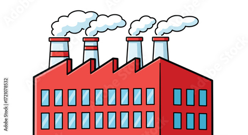 A simple cartoon illustration of a red brick factory building with three smokestacks releasing clean, puffy clouds of smoke.