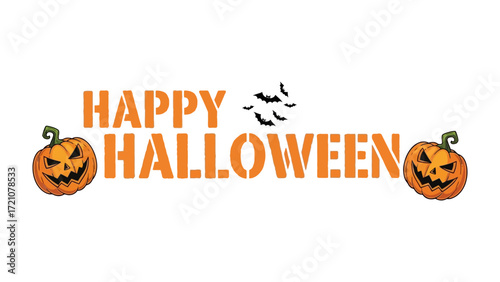 Spooky Halloween design with pumpkins and bats: A festive composition for Halloween, featuring grinning pumpkins, bats, and typography. Embrace the eerie season. 