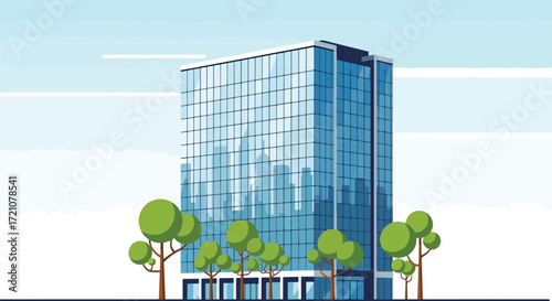 A vector illustration of a modern glass skyscraper or office building set against a clear blue sky with green trees at its base.