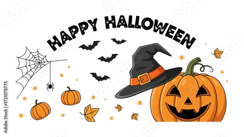 Halloween Delight: A whimsical arrangement of Halloween icons creates a festive atmosphere, featuring jack-o'-lanterns, a witch's hat, spiderwebs, and bats.