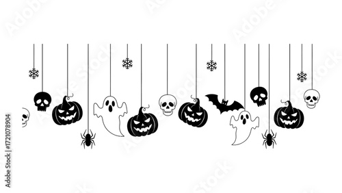 Halloween Ornament Extravaganza: A delightful line of Halloween ornaments, including grinning pumpkins, spectral ghosts, spooky skulls, creepy bats, and crawling spiders, is suspended gracefully.