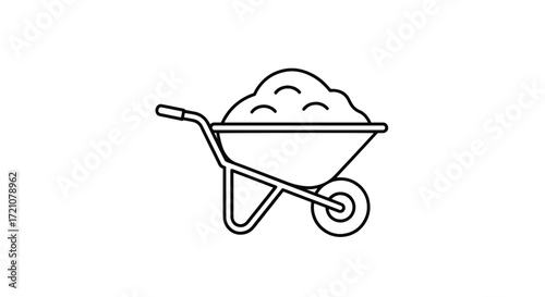 A simple line art icon of a wheelbarrow filled with a mound of sand, dirt, or gravel for gardening or construction tasks.
