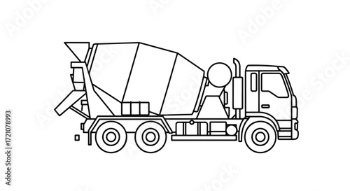 A black and white outline illustration of a concrete mixer truck, essential heavy machinery for construction and building projects.