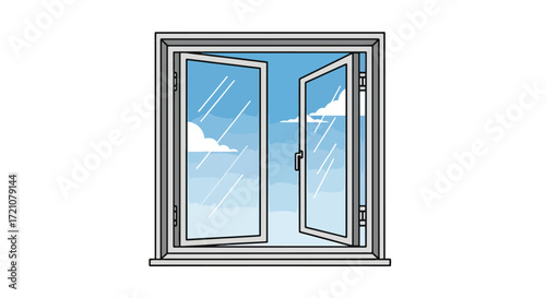 A realistic vector illustration of a modern, closed white window frame with a reflection of a blue sky and clouds on the glass pane.