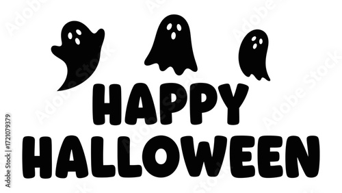 Happy Halloween: Spooky silhouettes of ghosts hover above festive text, celebrating the spirit of Halloween in a playful and graphic illustration.
