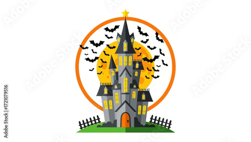 Spooky Halloween Castle: A chilling illustration of a gothic castle silhouetted against a full moon with bats, evoking a sense of spooky atmosphere and horror.