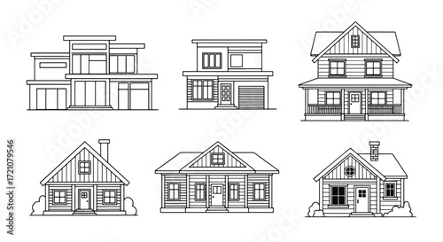 A set of hand-drawn sketches of various suburban houses and cottages in a simple black and white line art style for architectural concepts.