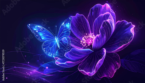 Glowing butterfly with vibrant flower art. LED butterfly and neon flower sketch. Bright neon butterfly and petals design. Futuristic glowing butterfly with flowers. Neon-lit butterfly with glowing