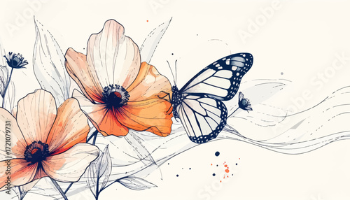 Floral sketch art with butterfly and petals. Elegant butterfly and flower art illustration. Butterfly flying above hand-drawn flowers. Whimsical butterfly and floral artwork