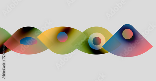 Abstract colorful shapes overlap, creating wavy pattern. Gradient hues blend smoothly, forming dynamic composition. Minimalist design.