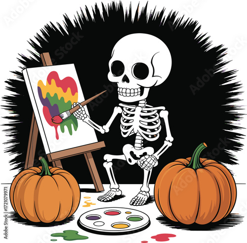 Funny skeleton artist painting pumpkins Halloween art