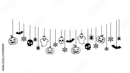 Spooky Halloween Decorations: Festive hanging decorations, featuring iconic symbols like grinning pumpkin, skull, friendly ghost, and spider, evoke the spooky spirit of All Hallows' Eve.