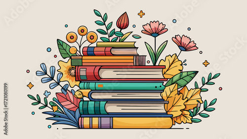 Stack of books with flowers line art illustration, delicate minimalist drawing, merging nature and literature, evoking learning, beauty, and inspiration, perfect decorative element for stationery, 