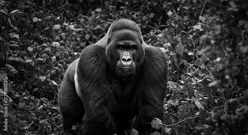Majestic silverback gorilla gazes intensely from dense jungle foliage in striking monochrome
