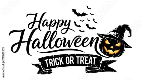 Spooktacular Halloween: A chilling Halloween illustration featuring iconic elements: the pumpkin with a witch's hat and bats, the design captures the essence of frightful fun.