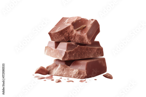 Stack of milk chocolate chunks with crumbly texture and fudge swirls, cut out