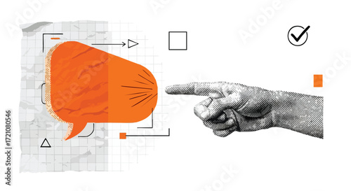 Dynamic business concept with hand pointing to vibrant orange speech bubble, conveying communication, ideas, and decision-making in a modern graphic style.