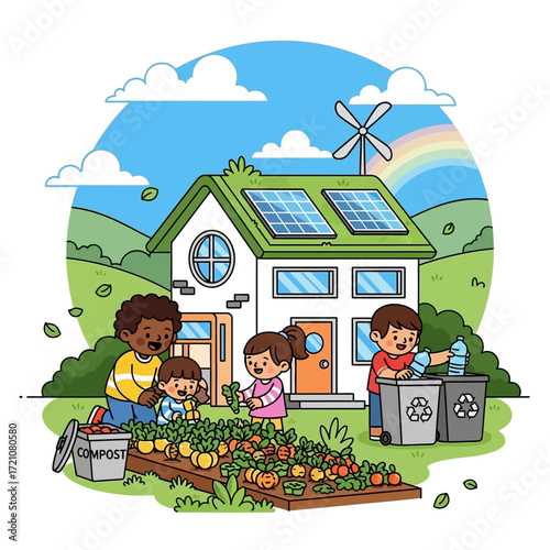 Joyful family cultivates sustainable future with eco-friendly home, garden, and recycling practices