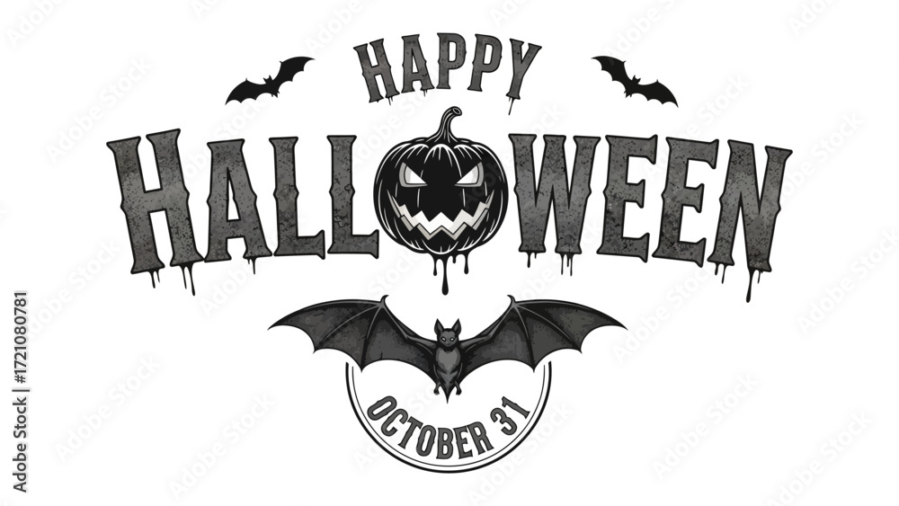 Fototapeta premium Happy Halloween: Spooky holiday design with bat, pumpkin, and dripping effect, celebrating Halloween night in monochrome.