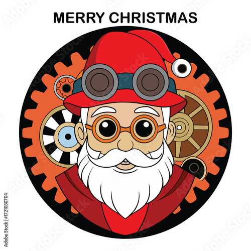 Animated steampunk Santa with goggles smiles warmly amid colorful gears, set against a transparent backdrop