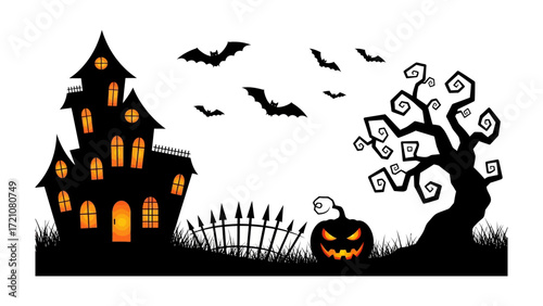 Spooky Halloween Night: A silhouette of a haunted house, and carved pumpkin under the night sky, evokes a sense of thrilling horror and festive anticipation