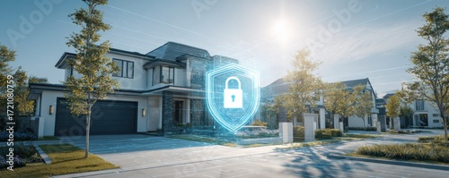 Modern Home Security System with Digital Shield and Lock Overlay Technology