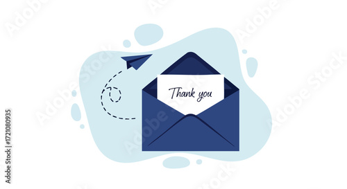 Express heartfelt gratitude with a charming blue envelope delivering a 'Thank You' message and playful paper airplane sending good wishes