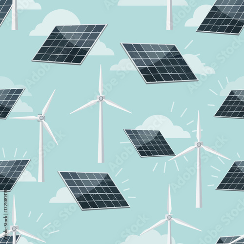 Sustainable energy sources solar panels and wind turbines generating clean power amidst bright skies and fluffy clouds for eco-friendly projects