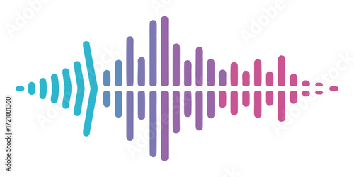 A vibrant soundwave visualization with smooth vertical bars in gradient colors, transitioning from cyan to blue to purple to pink. The waveform is symmetrical, glowing softly against a clean white bac