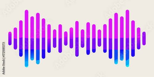A vibrant soundwave visualization with smooth vertical bars in gradient colors, transitioning from cyan to blue to purple to pink. The waveform is symmetrical, glowing softly against a clean white bac