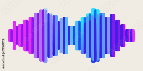 A vibrant soundwave visualization with smooth vertical bars in gradient colors, transitioning from cyan to blue to purple to pink. The waveform is symmetrical, glowing softly against a clean white bac