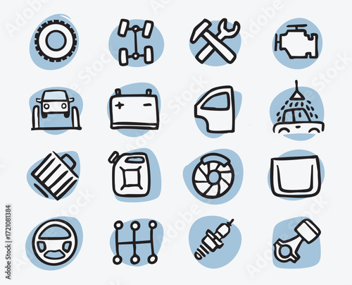 Car spare parts. Set of hand-drawn conceptual illustrations. Cartoon style in vector.
