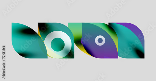 Abstract colorful shapes overlap, creating dynamic visual composition. Circles, curves, gradients define modern design elements.
