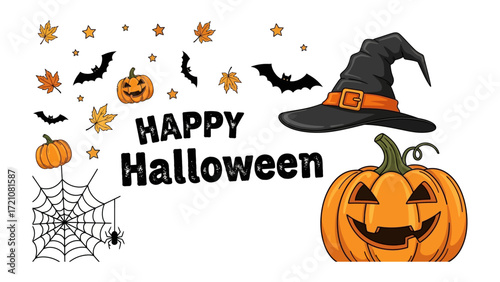 Happy Halloween: A festive Halloween illustration filled with iconic spooky elements, perfect for spreading holiday cheer and embracing the magic of the season!