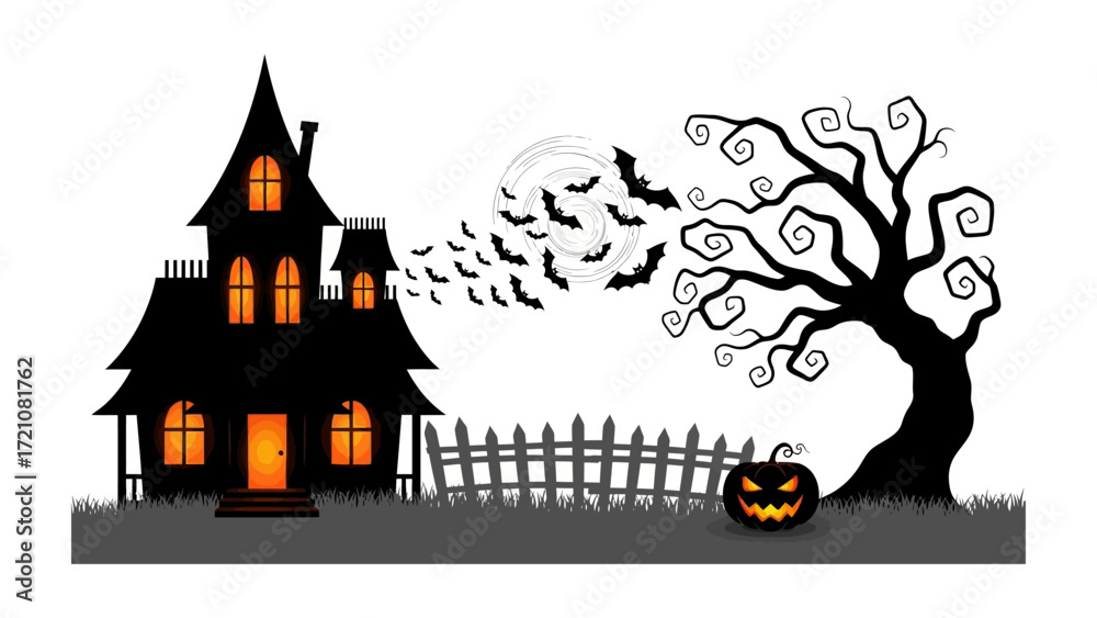 Αυτοκόλλητο Haunted House Silhouette: A chilling illustration depicting a haunted house, surrounded by spooky elements of a ghoulish Halloween night
