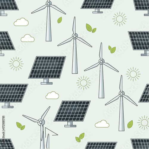 Seamless pattern of modern wind turbines and solar panels symbolizing clean energy innovation and sustainable power generation.